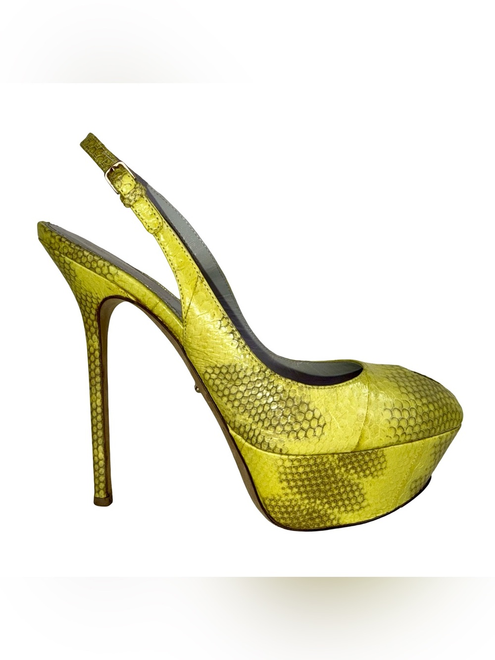 SERGIO ROSSI YELLOW SNAKE SLINGBACK PLATFORM HEELS
